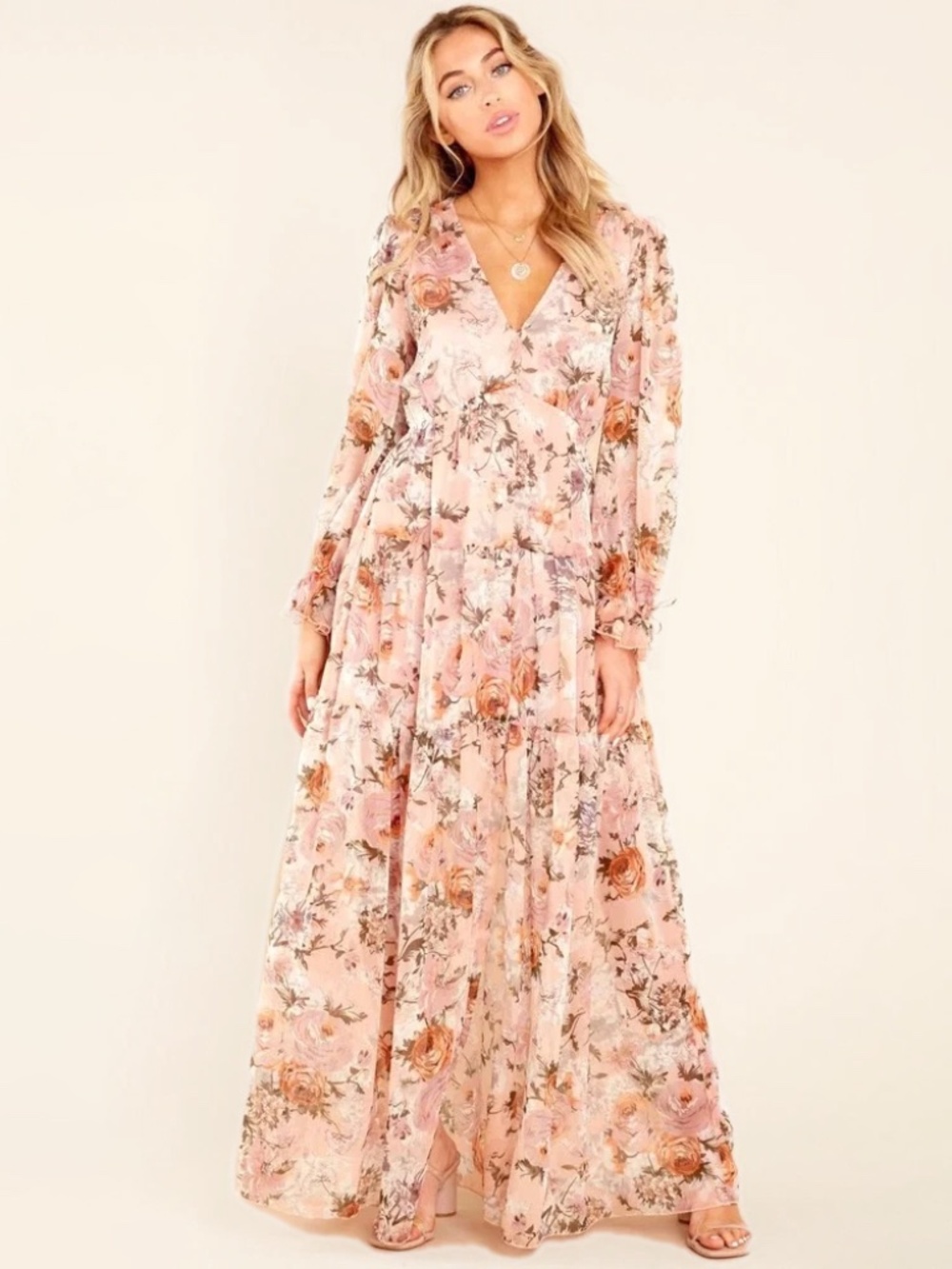 Peach Floral Print Fairy Romantic Maxi Dress Small